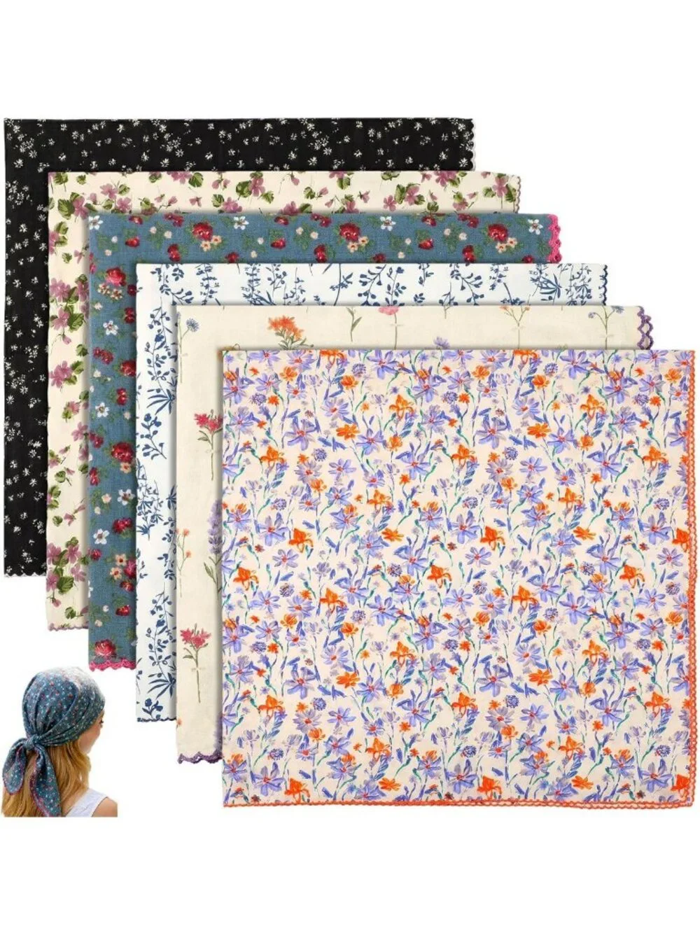 Floral Cotton Bandanas Set - 6 Assorted 22x22 Inch Head Scarves for Summer